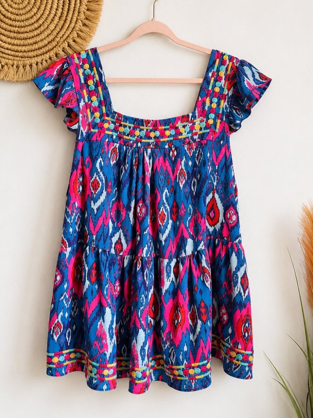 Savanna Jane NEW Ikat Print Embroidered Flutter Sleeve Blouse Top SZ 2X Boho